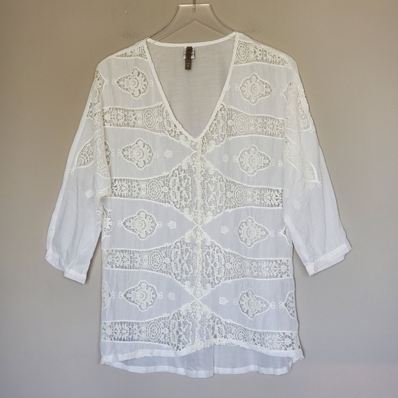 XCVI Women's Boho White Embroidered Lace Sheer Silk Blend Tunic Coverup Top M - Picture 1 of 7
